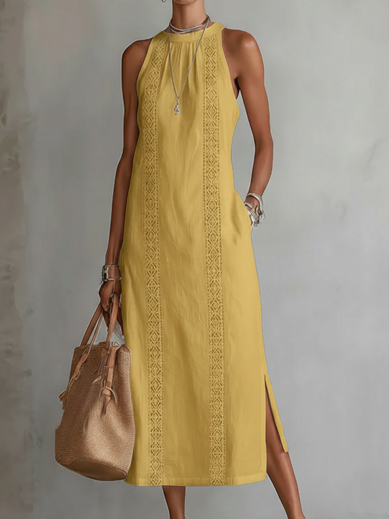 Jimena | Linen Midi Dress Featuring Mao Collar
