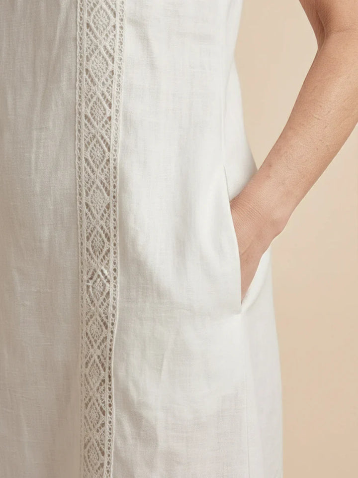 Jimena | Linen Midi Dress Featuring Mao Collar