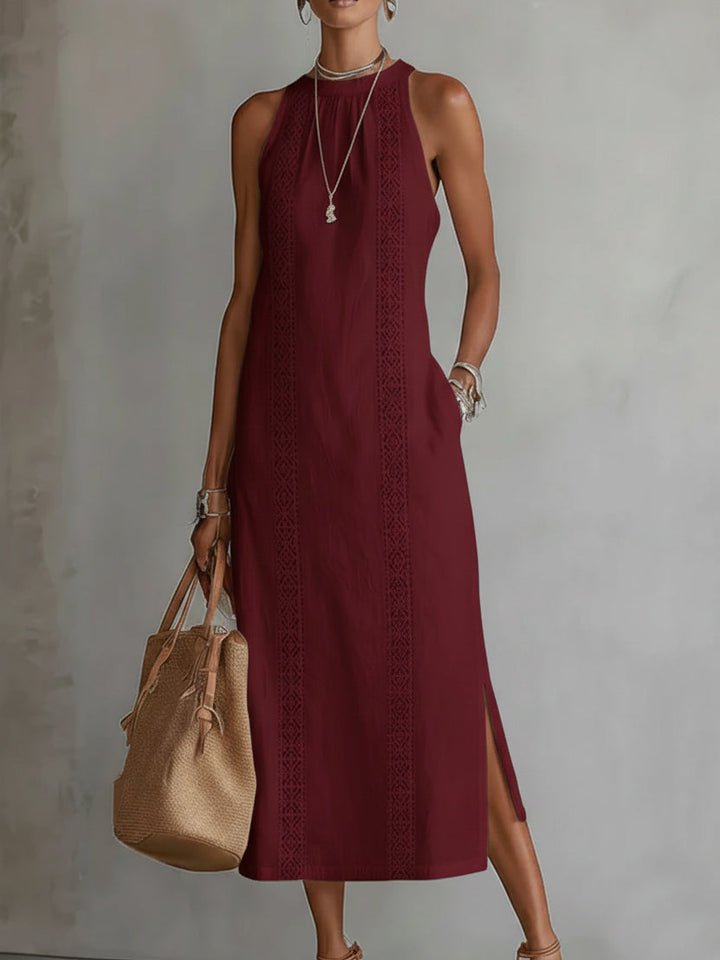 Jimena | Linen Midi Dress Featuring Mao Collar