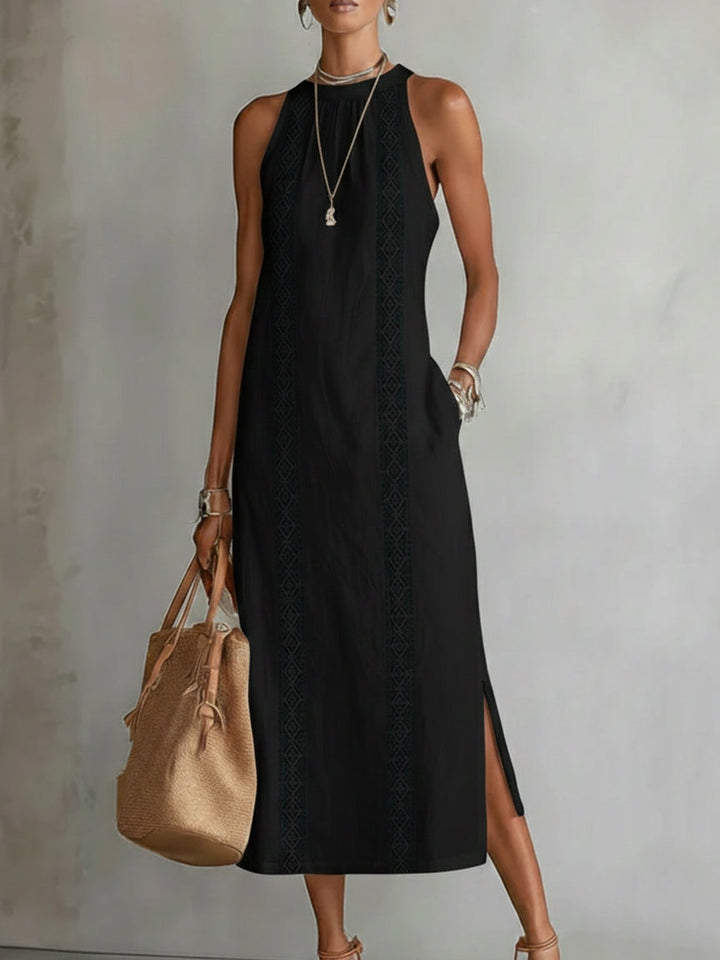 Jimena | Linen Midi Dress Featuring Mao Collar