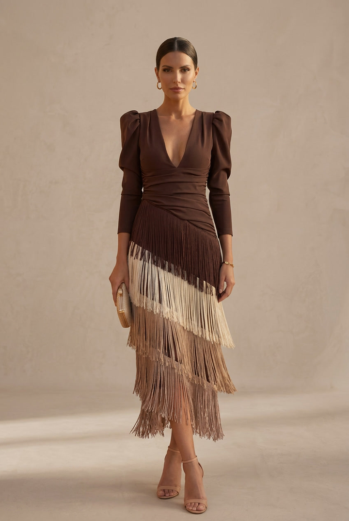 Frida | Sage Green Midi Dress with Fringe Details