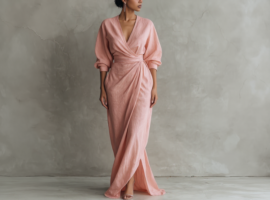 Long Minimalist Pink Dress with V-Neck in Linen Blend for Women