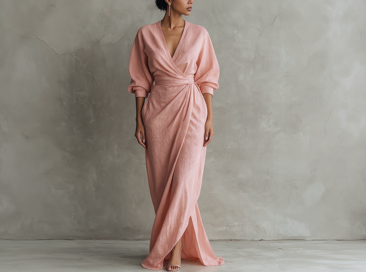 Long Minimalist Pink Dress with V-Neck in Linen Blend for Women