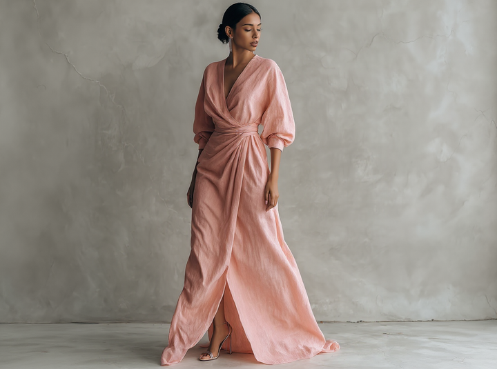 Long Minimalist Pink Dress with V-Neck in Linen Blend for Women