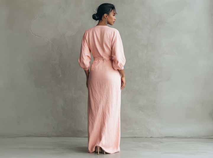 Long Minimalist Pink Dress with V-Neck in Linen Blend for Women