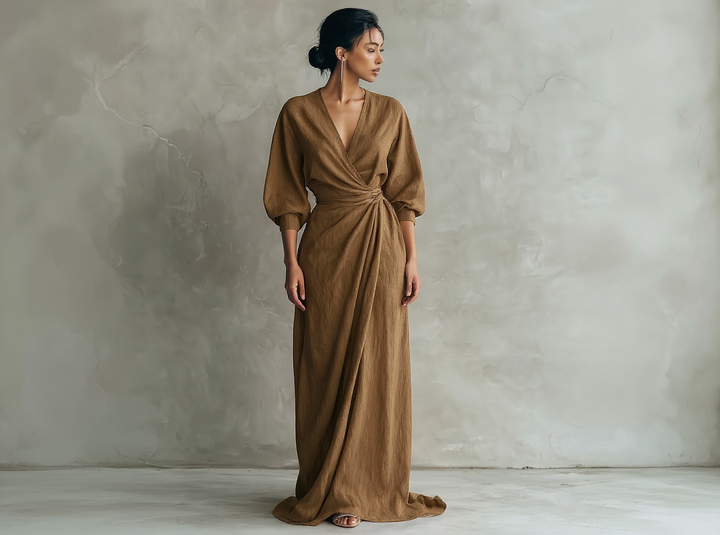 Long Minimalist Pink Dress with V-Neck in Linen Blend for Women