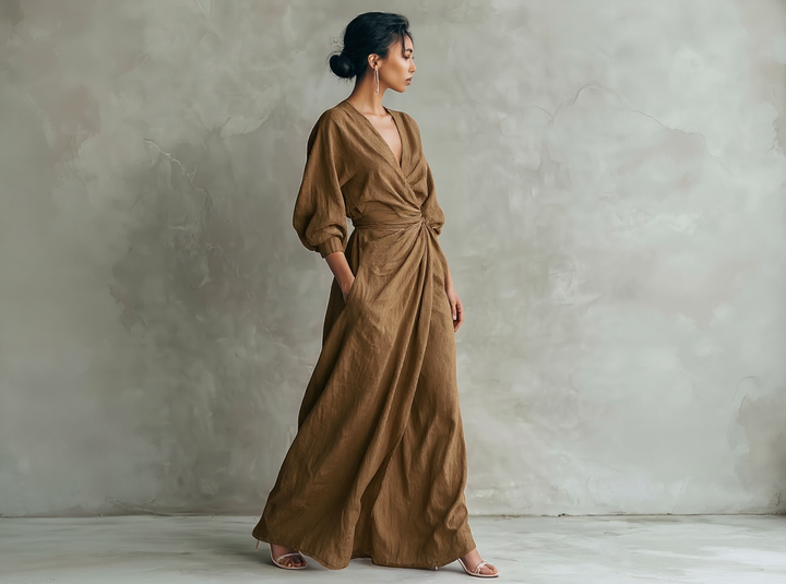Long Minimalist Pink Dress with V-Neck in Linen Blend for Women