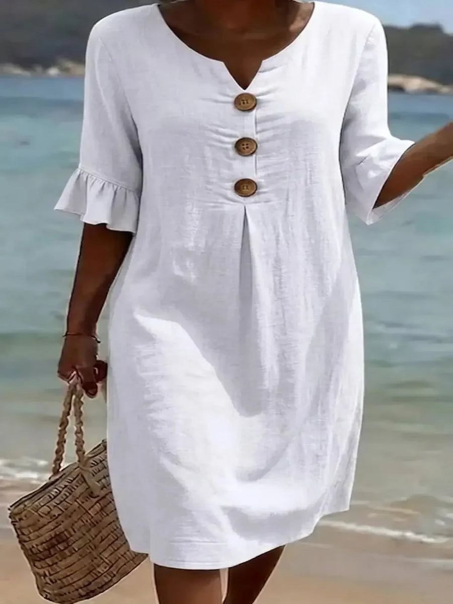 Vanesa™ | Puff Sleeve Textured Dress with Button Details