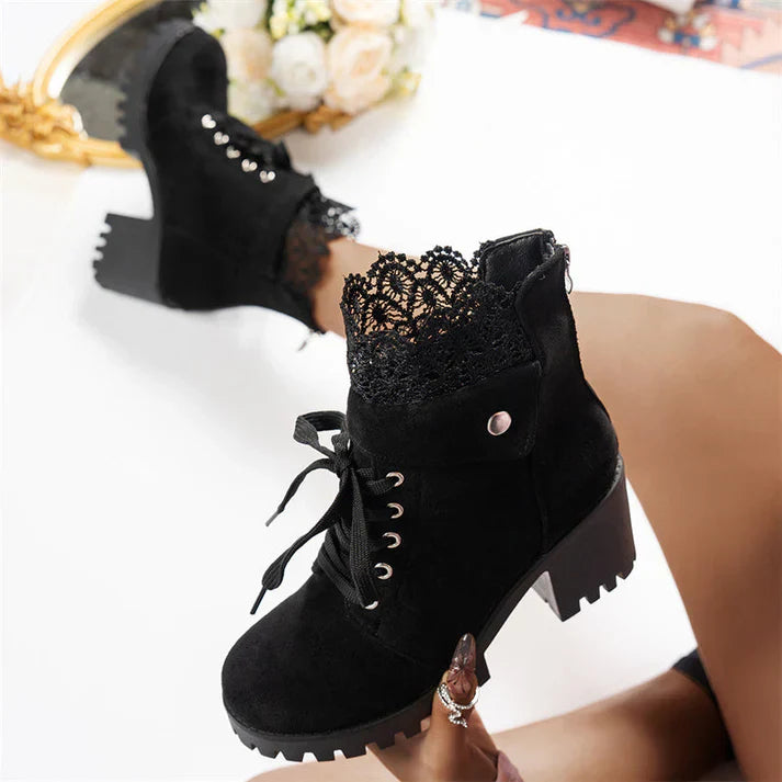 Tania - Chunky Heeled Lace Ankle Boots