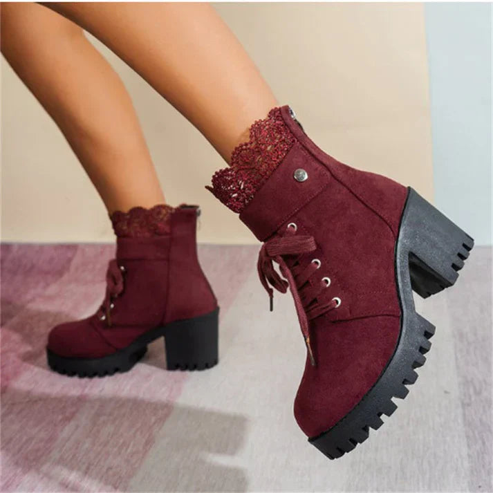 Tania - Chunky Heeled Lace Ankle Boots