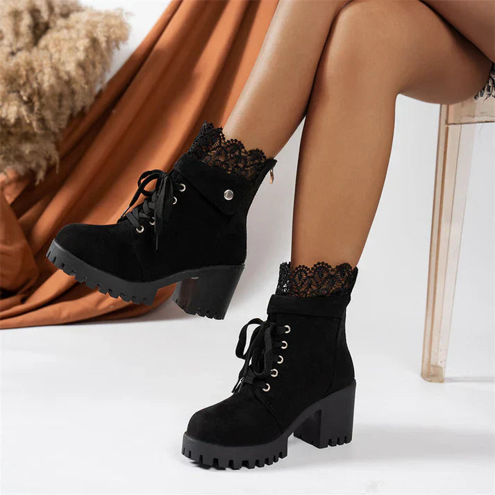 Tania - Chunky Heeled Lace Ankle Boots