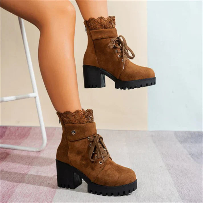 Tania - Chunky Heeled Lace Ankle Boots