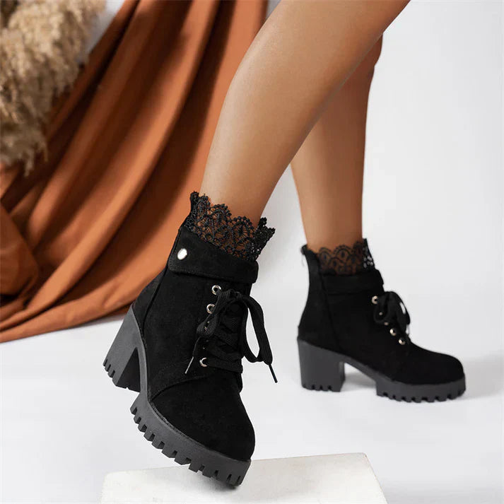 Tania - Chunky Heeled Lace Ankle Boots