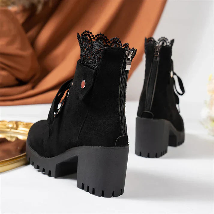Tania - Chunky Heeled Lace Ankle Boots