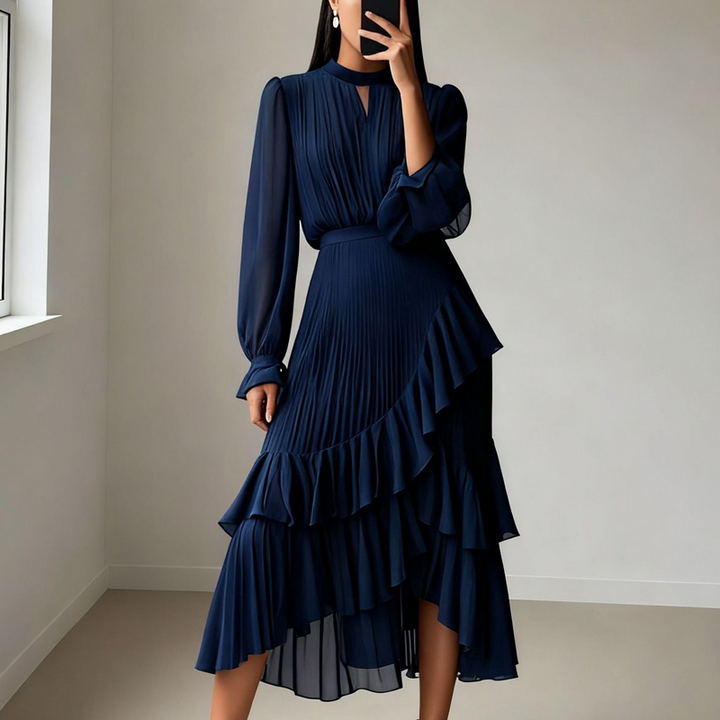 Elegant pleated midi dress with ruffles