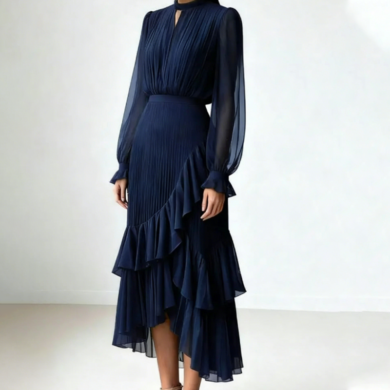 Elegant pleated midi dress with ruffles