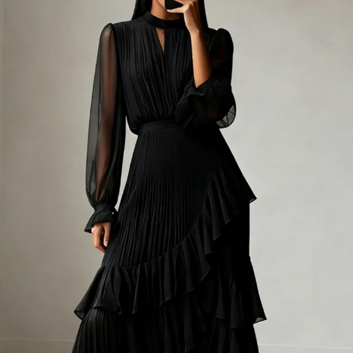 Elegant pleated midi dress with ruffles