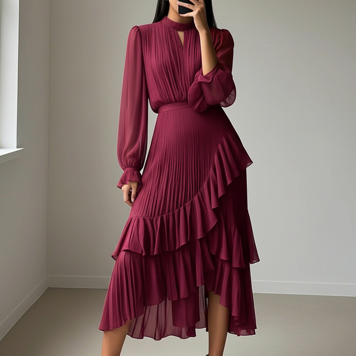 Elegant pleated midi dress with ruffles