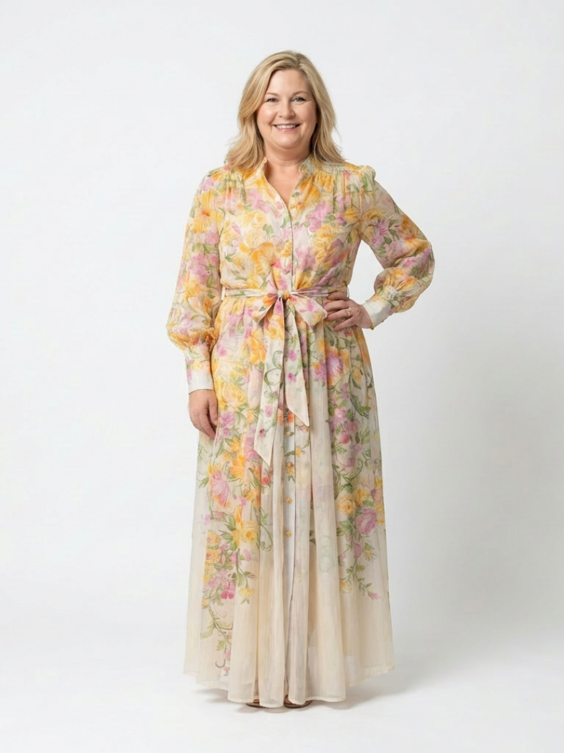 Cressida | Long Sleeve Floral Maxi Dress in Sheer Fabric