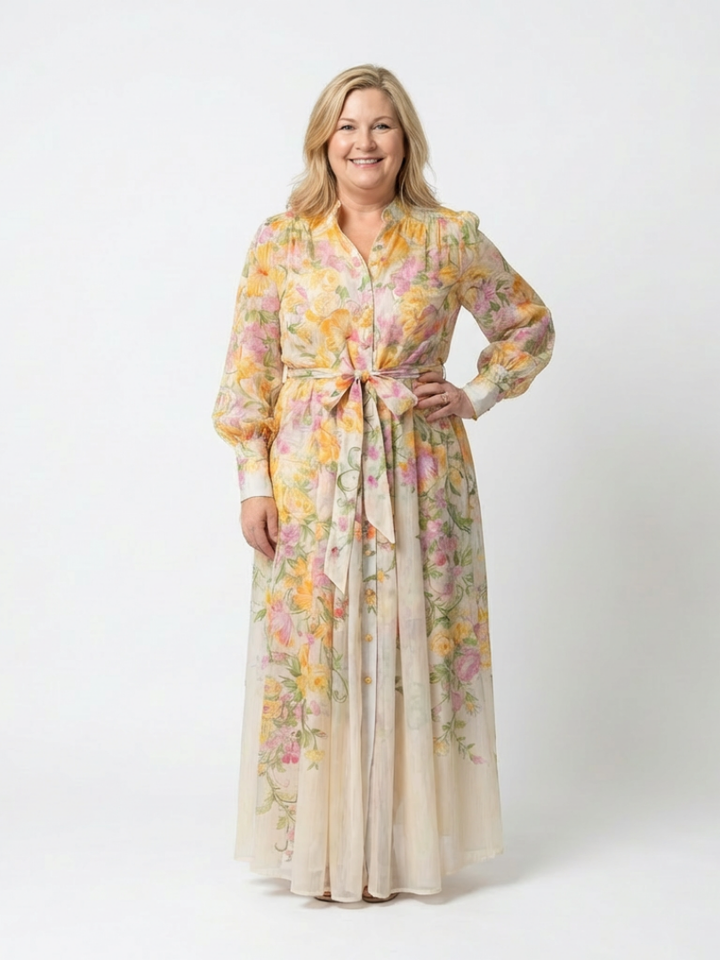 Cressida | Long Sleeve Floral Maxi Dress in Sheer Fabric