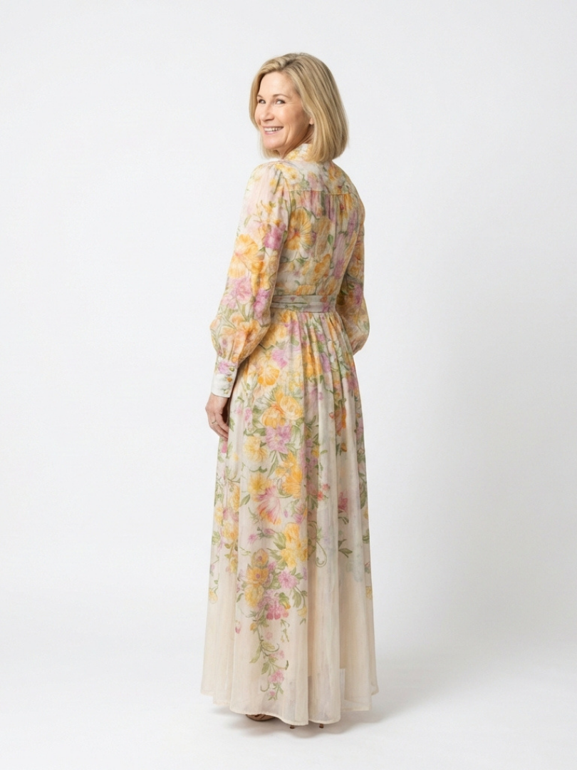 Cressida | Long Sleeve Floral Maxi Dress in Sheer Fabric