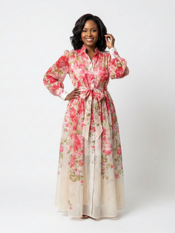 Cressida | Long Sleeve Floral Maxi Dress in Sheer Fabric