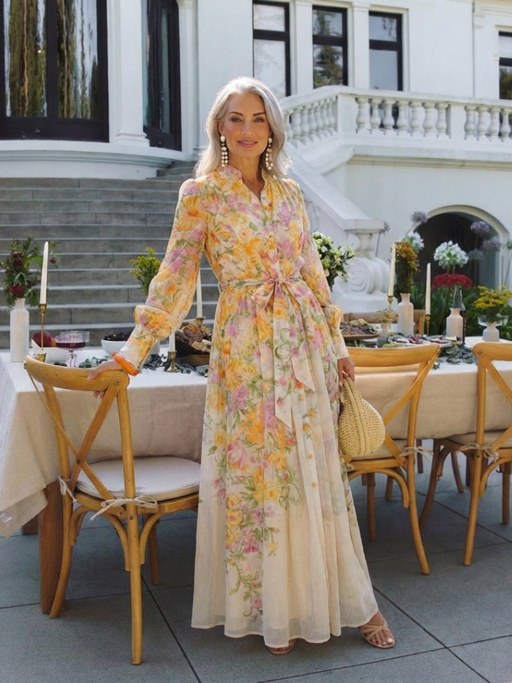 Cressida | Long Sleeve Floral Maxi Dress in Sheer Fabric