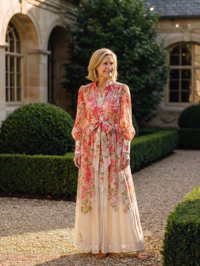 Cressida | Long Sleeve Floral Maxi Dress in Sheer Fabric