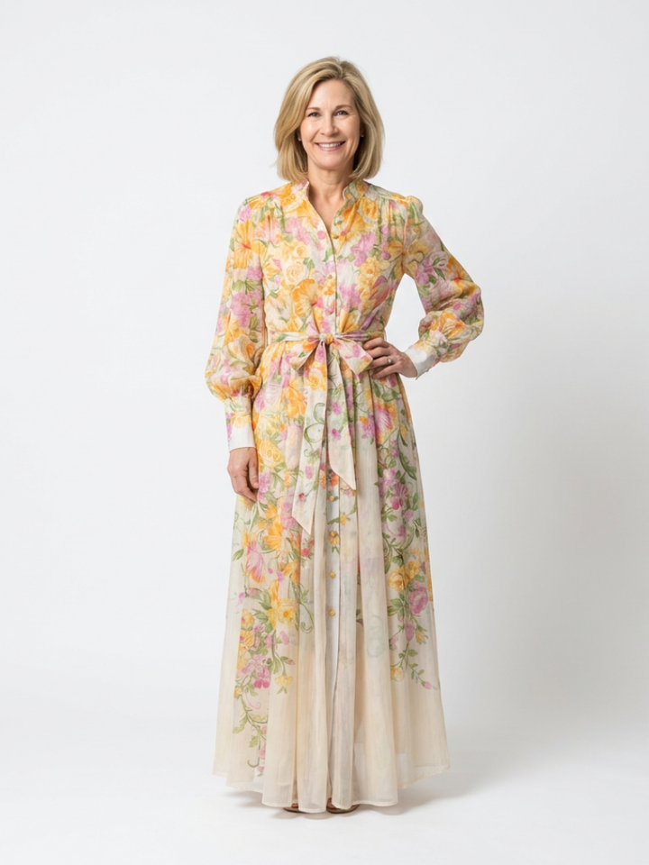 Cressida | Long Sleeve Floral Maxi Dress in Sheer Fabric